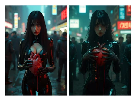 anime art of a woman wearing a shiny, reflective latex bodysuit, incredibly detailed cyberpunk scene, taken using a vintage camera, film grain, long black hair, pale skin, cyborg body, a portrait of a futuristic beauty, chromatic aberration effects and reflections, a crowd stands behind her. Her fingers are perfectly proportionate and are encased in transparent latex gloves with which she is holding a bleeding human heart, a grisly scene. It is midnight in a polluted grimy city and she stands out dramatically amongst a crowd of criminals.  