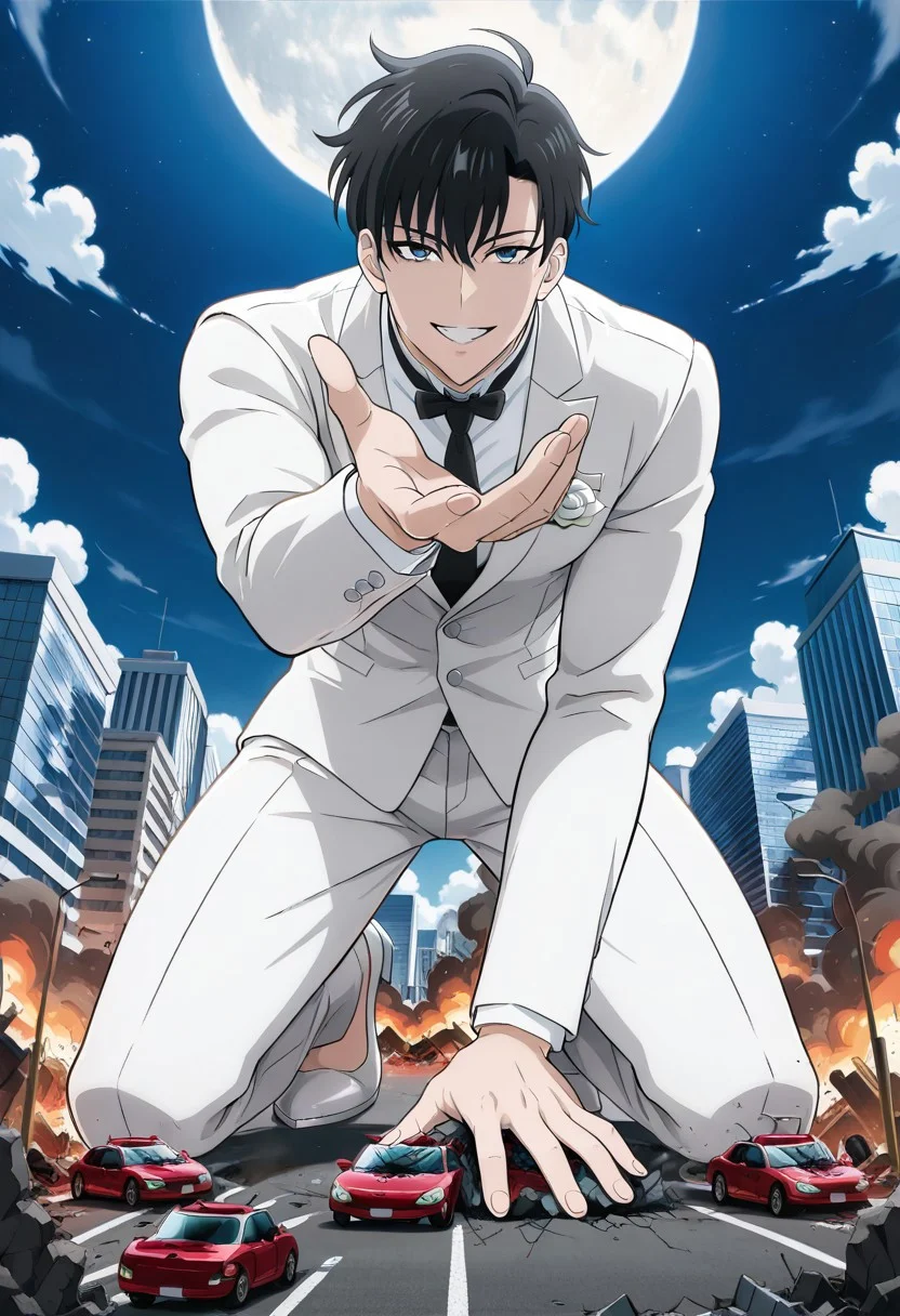 (masterpiece, best quality, very awa, (artist: mazjojo: 0.5)), BREAK, dynamic, cinematic, male
BREAK, on hands and knees, kneeling, on the ground. leaning in, grabbing at viewer, hand grabbing viewer, reaching towards viewer, from front, super leaning in, zoom in on hand,
BREAK, handsome face, adult face, lean body, Sung Jin-woo, black hair, gray-blue eyes, white wedding tuxedo, white pants, white shirt, rose in pocket, wedding attire, white dress shoes, white shoes, kpop hair, grinning, very evil look, very evil smile
BREAK, full body, BREAK, city destruction, mass destruction, fire, smoke, skyscrapers, buildings, night sky, cloud, smoke, crushed vehicles, BREAK, giant male, 1giant, BREAK
BREAK,
surroundings cars crushed, people crushed, buildings crushed, city crushed, destruction, chaos, destroy, flattened, crushed objects,