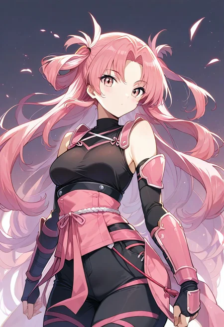 score_9, score_8_up, score_7_up, c3l3st3, pink hair, pink eyes, black top, shoulder cutout, ninja, holding kunai, kurokote (armour), muneate (armour), black pants, source_anime, ntm,