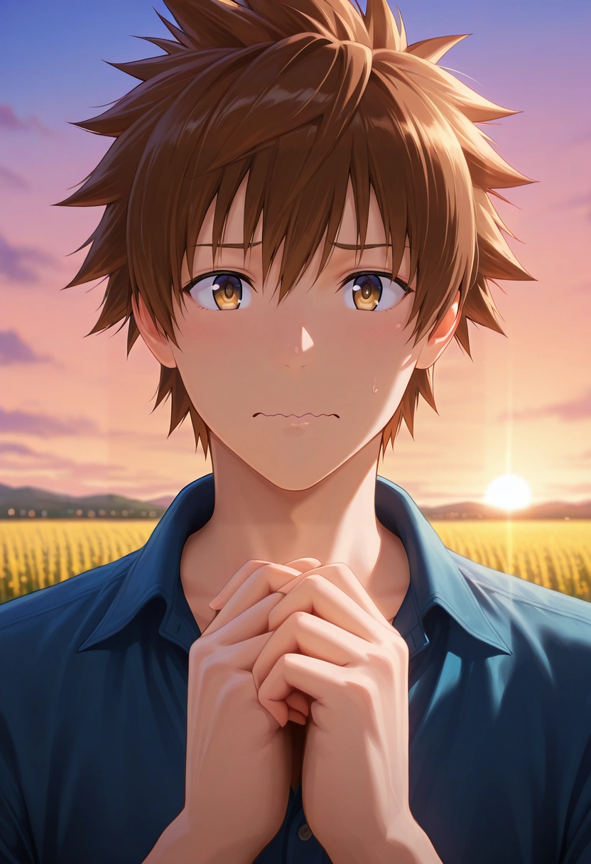 masterpiece, best quality, , semi-realistic, looking at viewer, 1boy, solo, male focus, <lora:rito_yuuki_ilxl:0.96>, rito_yuuki, brown hair, brown eyes, spiked hair, focused, field, dusk, own hands together, wavy mouth,