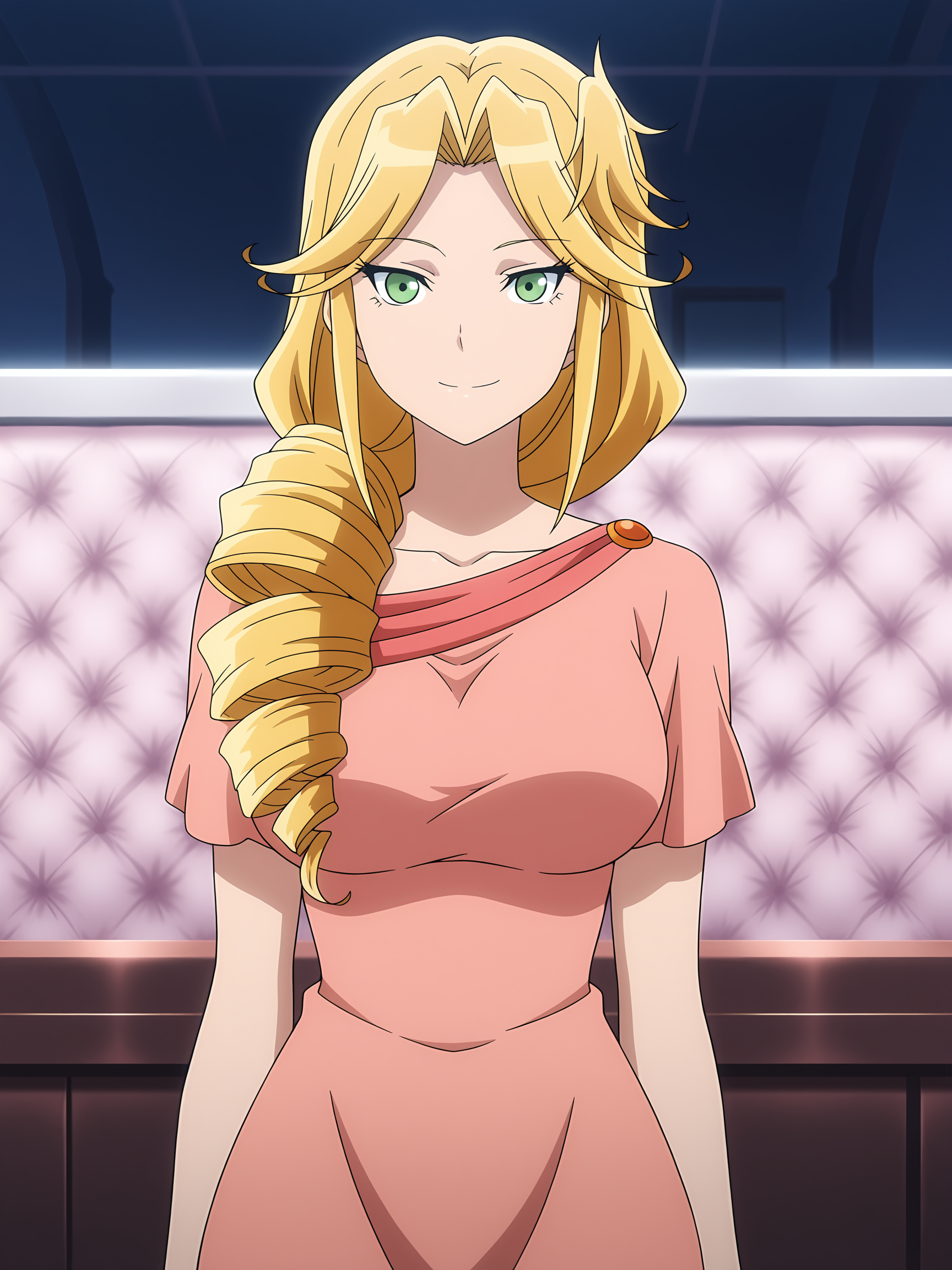 best quality, official art, anime screenshot, anime coloring, adult female, 1girl, solo, medium breasts, blonde hair, drill hair, green eyes, long hair, hair over shoulder, lakyus, <lora:RGV_Lakyus_OVL:0.9>, pink dress, looking at viewer, smile