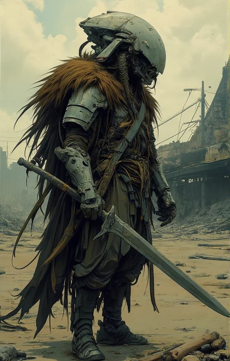 a side view of a warrior in battle armor and fur in a post apocalyptic setting. The medium is not a traditional painting or illustrative medium like watercolor or ink but rather a digital rendering, eerie and unsettling. <lora:robif-i-mini:.9> <lora:- Flux1 - the_edgy_mech_V1.0-step000012600:.5>