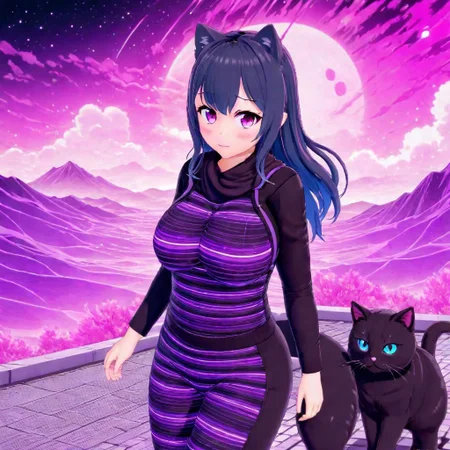 Vapor Wave, Futaba, Anime Art Style, High Quality, High Resolution, Sharp, High Resolution Eyes, Full Body, High-Definition Fantasy Background Cat Girl, Straight lines