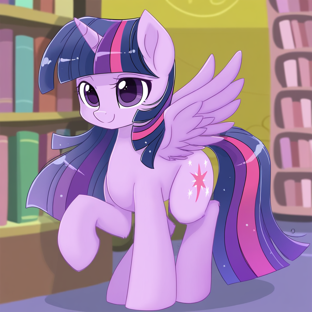 shepherd0821, my_little_pony, twilight_sparkle_(mlp), equid, equine, mammal, alicorn, winged unicorn, hi res, feral, cutie mark, feathered wings, feathers, female, fluffy, fluffy tail, fur, furniture, hair, hooves, horn, library, long hair, multicolored hair, purple body, purple eyes, purple feathers, purple fur, purple hair, solo, tail, two tone hair, wings, smile