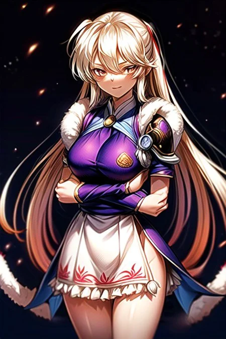 best quality 1girl Setsun4 solo long hair, (night time) forest background black hair very long hair purple eyes multicolored hair armor, small, (fur trim) (medium body),<lora:EMS-179-EMS:0.800000>,<lora:EMS-293862-EMS:0.800000> bow, hair_bow, hair_tubes, red_bow, brown_hair, long_hair, bangs, ascot, frilled_bow, yellow_ascot, blush, smile, hair_between_eyes, athletic, armor, miko, ,(((intricate outfit,intricate clothes,embroidered outfit,ornate outfit,embroidered clothes,ornate clothes))), strengthmda, crossed arms,