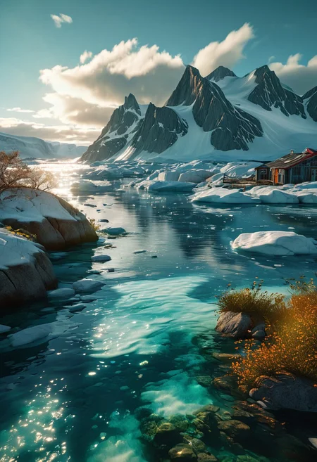 (ultra high res:1.4), (masterpiece), (beautiful lighting:1.4) , greenland greenery, greenland river, icy water water, forest, Greenlandic homes and cabins, sunlight illuminates the icy water, (deep underwater), anime, above water, (clear underwater), beautiful sky with clouds, depth