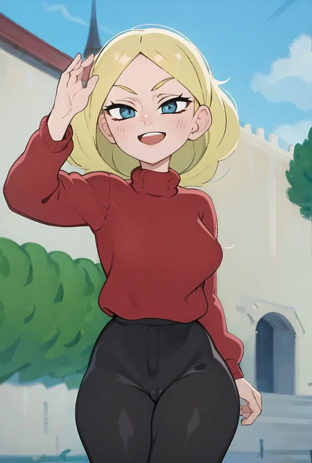 1girl, <lora:hillingLora_hillingV1:0.8>, red sweater, black pants, smile,  outdoors, castle, grass, (((arm up))),  cowboy shot,