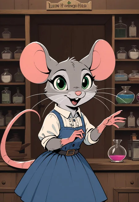 score_9, score_8_up, score_7_up, score_6_up, score_5_up, score_4_up,
[][][]
(((mouse))), (feral:1.5), female, (solo:1.2), (cute:1.2), (fluffy:0.6), (fluffy cheeks:0.5),
[][][]
flat color, in the style of Beatrix Potter, (shop keeper behind counter),
[][][][][]
(soft shading, backlit), (cool color pallet), (frilly shirt), blue skirt, grey fur, grey ears, (vibrant green eyes), (upper body shot, head focus:1.2), look at viewer, indoors, shop, medieval, apothecary, potion bottles, (lean head on hand:1.5), working, (chatting), (open mouth), expressive, dynamic pose,