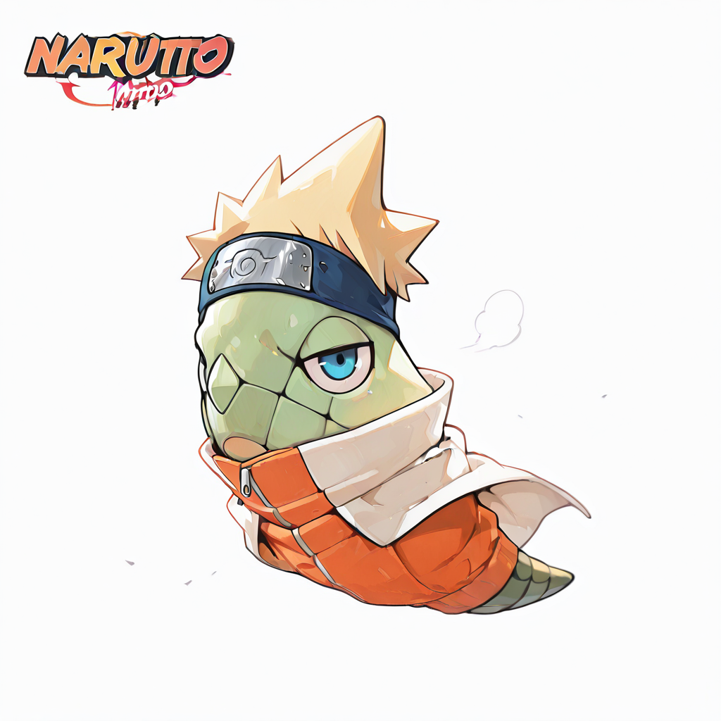 (masterpiece), (best quality), (ultra-detailed), green metapod, full body, one eye visible, clothed pokemon, no hands, no arms, short blonde spiky hair, wearing white cloak red text, orange jacket with zipper, forehead protector, blue headband, konohagakure symbol, blue eyes, looking at viewer, half-closed eyes, naruto, illustration, perfect composition, intricate details