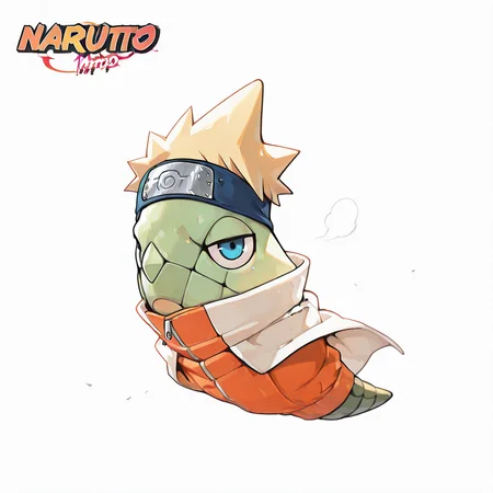 (masterpiece), (best quality), (ultra-detailed), green metapod, full body, one eye visible, clothed pokemon, no hands, no arms, short blonde spiky hair, wearing white cloak red text, orange jacket with zipper, forehead protector, blue headband, konohagakure symbol, blue eyes, looking at viewer, half-closed eyes, naruto, illustration, perfect composition, intricate details