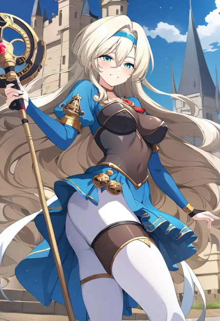 masterpiece,best quality,very aesthetic,absurdres,intricate details,fantasy,1girl,solo,
<lora:Liffany_v1.1:1>,Liffany,headband,magic wand,blue skirt,black_pantyhose,white_thighhighs,white boots,<lora:Fixhands_anime_bdsqlsz_V1:1>,looking_at_viewer,standing,full body,castle,city,smile,holding,holding_staff,, masterpiece,best quality, very aesthetic, absurdres, ultra detailed, high resolution, 4k, extremely detailed CG,