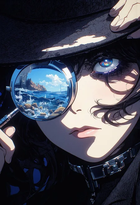 sbfte, de01, detail eyes, magic eyes, 8k.
A pen and ink style expressionism painting. Portrait of a female detective scowling into a magnifying glass. The glass is crystal clear, showing a water portal through the glass. The detective is wearing a black suit that emanates her shadowy figure. 
Anime art of Detective draped in shadows with a lighting that enhances her unique features. Ultra detailed artistic abstract.