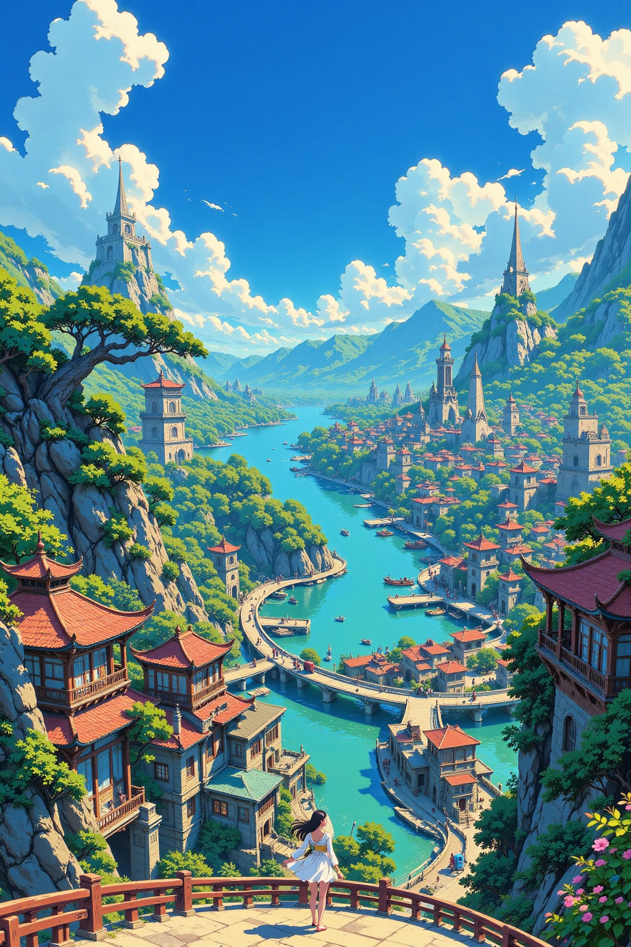 An oriental fantasy city beautiful landscape, bright sunny sky, woman, very intricate, very detailed, sharp, bright, colorful, <lora:Hand v2:0.5> <lora:Anti-Blur:1><lora:Insane Detail Slider:0.25>  <lora:flux.1_lora_flyway_Epic-detail_v2:0.3> <lora:fluxenhancer:0.25> <lora:ROWER:0.6> <lora:flux-charmer-v1-1:0.4>>  <lora:Anime_style:0.8> anime style