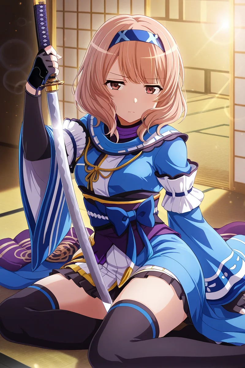 masterpiece, best quality, amazing quality,
<lora:Yuyuko_IL:1> yuyuko, 1girl, weapon, sword, gloves, fingerless gloves, solo, japanese clothes, katana, holding, holding weapon, thighhighs, hairband, bangs, holding sword, black gloves, brown eyes, sitting, looking at viewer, yokozuwari, indoors, skirt, tatami, brown hair, lens flare, blue hairband