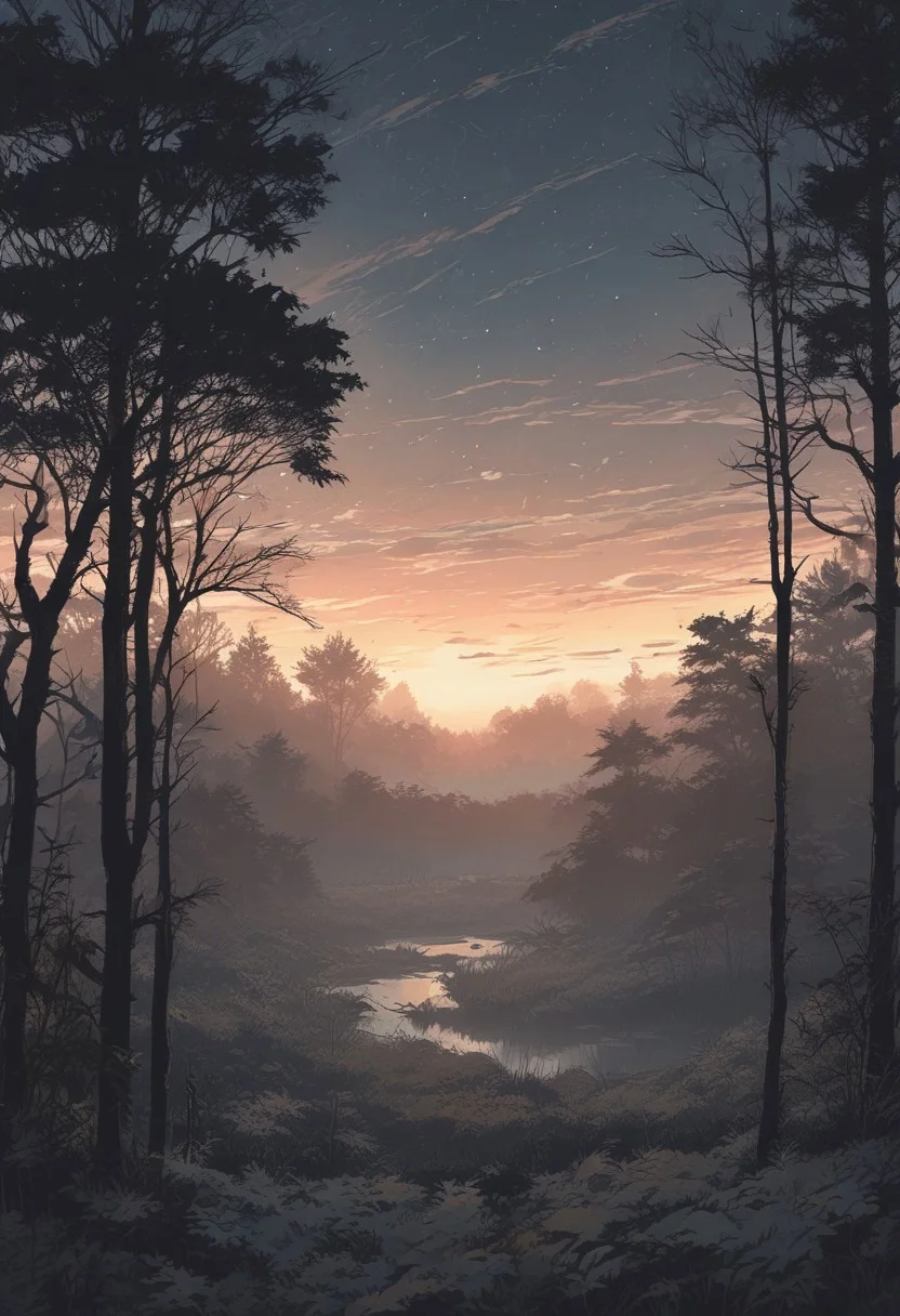 scenery, ((night, starry)), (Japanese anime style), wilderness, distant landscape, clearing in the forest, abandoned house, fog, sunset, fantasy, atmosphere of sadness, cool tone, minimum lighting, masterpiece, best quality, ultra-detailed
