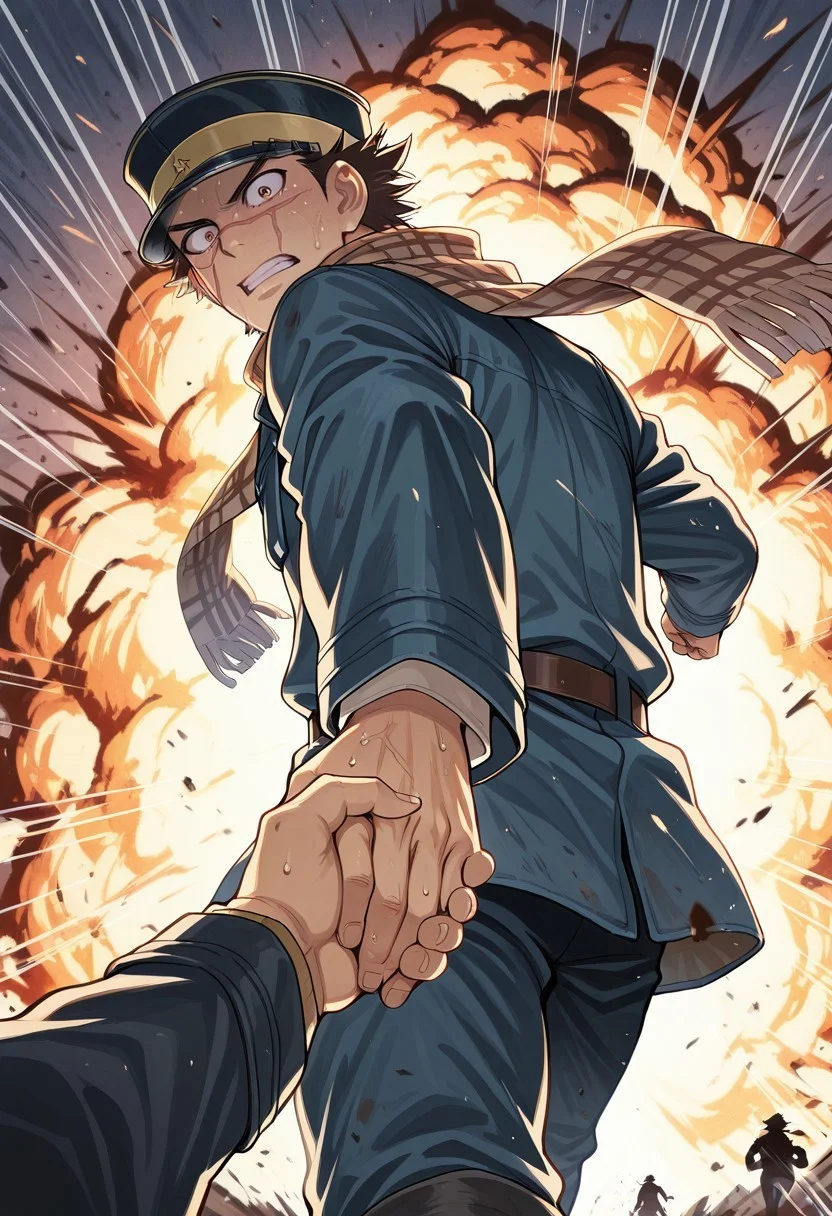 solo focus, male focus, Sugimoto Saichi, short hair, black-brown hair, spiked hair, scar on face, peaked cap, brown eyes, scar on cheek, scar on nose, blue jacket, military uniform, scarf, wide eyed, clenched teeth, sweat, pulling pov, looking at viewer, (holding hands), pov hands, from behind, trench warfare, clenched hand, (trench), explosion, running, emphasis lines, multiple boys, silhouette, masterpiece, best quality, amazing quality,