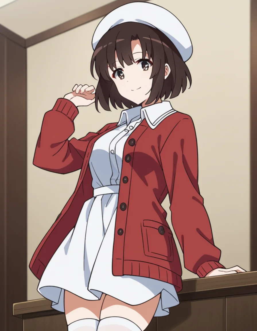 score_9, score_8_up, score_7_up, source_anime, <lora:megumi-katou-s2-ponyxl-lora-nochekaiser:1>, megumi katou, brown hair, brown eyes, medium breasts,, short hair, hat, jacket, long sleeves, thighhighs, white headwear, white thighhighs, dress, white dress, red jacket, white hat, open cardigan, open clothes,, indoors, smile, looking at viewer, solo,, cowboy shot, dutch angle