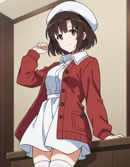 score_9, score_8_up, score_7_up, source_anime, <lora:megumi-katou-s2-ponyxl-lora-nochekaiser:1>, megumi katou, brown hair, brown eyes, medium breasts,, short hair, hat, jacket, long sleeves, thighhighs, white headwear, white thighhighs, dress, white dress, red jacket, white hat, open cardigan, open clothes,, indoors, smile, looking at viewer, solo,, cowboy shot, dutch angle