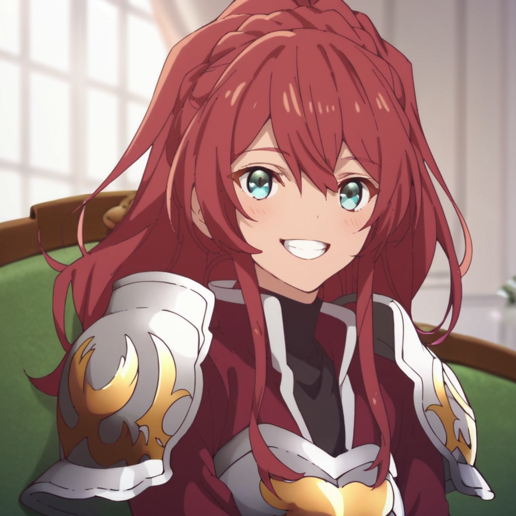 score_9, score_8_up, score_7_up, score_6_up, score_5_up, score_4_up, source_anime, , Jerietta, knight, red hair, sitting, portrait, happy
