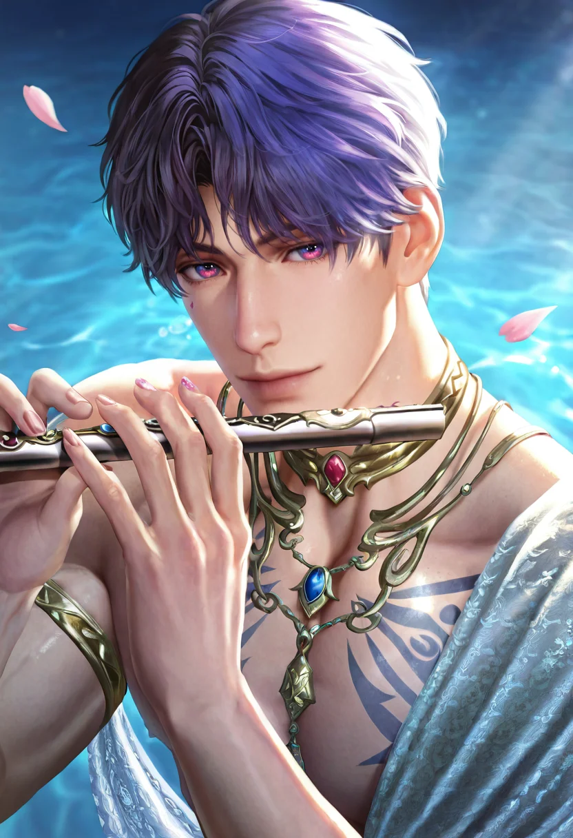 1boy, male focus, LADS_Rafayel, LADS_Rafayel_purple_hair, LADS_Rafayel_bluish_pink_eyes, looking at viewer, holding pale blue flute, playing flute, head tilted, gold choker and metal collar, blue scale-patterned fabric draped over shoulder, gold and pearl necklaces, visible chest tattoos, gold rings, lacquered nails, lips parted, eyes intense, calm focused gaze, faint blue background, shimmering light, from the side, looking at viewer, pink petals and bubbles drifting in blue water, sunlight streaming, shimmering sheer fabric trailing, slightly from below, close up, slightly from above, dynamic expression, dynamic angle, masterpiece, best quality, amazing quality, ultra-detailed, very awa, intrinsic background, high contrast, absurdres, cinematic lighting, realistic shading, intricate details, highly detailed, soft lighting, high contrast, depth of field, shiny skin, newest, <lora:LoveDeepSpace_Rafayel_r1:0.8>