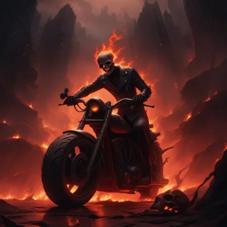 Dark Fantasy Art, Dark Moody Atmosphere, dramatic, mysterious, dark moody atmosphere, dark, moody, dark fantasy style, realistic anime,
BREAK,
Ghost Rider rockets up the skyscraper, his flaming motorcycle scorching a fiery path over glass and steel,
BREAK,
His skull, engulfed in hellfire, casts a sinister, flickering glow, with empty eye sockets seething with vengeful fire,
BREAK,
Flames curl around his skeletal form, his leather jacket and pants seared and frayed, smoldering as he rides,
BREAK,
sitting on his bike, (((cracked roadway))), cracked road, skull, from side, low angle shot, close up shot, detailed afce, detailed skull, front view, wide angle, burning wheels and bike, chopper motorcycle, chopper, burning engine, leaking lava from cracked road, red sunset,
detailed bike,