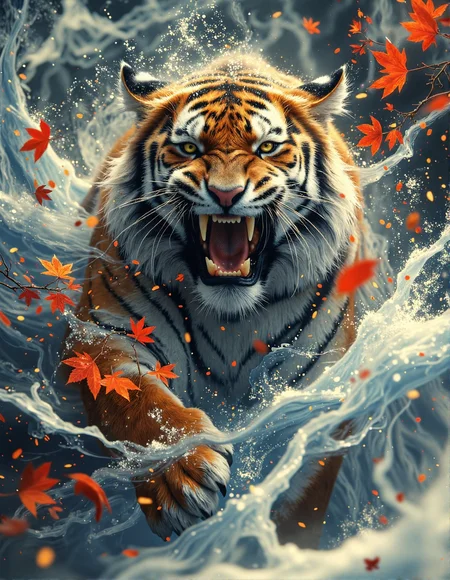 dramatic, stylized digital painting of a roaring Bengal tiger emerging from a swirling snowstorm. The tiger is the central focus, facing directly forward with a fierce, open-mouthed roar, showcasing its teeth and powerful expression. The tiger is surrounded by stylized waves of white and blue snow, resembling fluid brushstrokes and stylized clouds. Interspersed throughout the snow and around the tiger are bright red-orange maple leaves or similar foliage, adding vivid color contrast. The background is a soft, muted grey-blue, emphasizing the tiger and the swirling snow. Capture the scene in a bold, painterly style, reminiscent of traditional Asian ink wash paintings but with vibrant digital colors and textures, focusing on the tiger's powerful presence and the dynamic movement of the snow, <lora:RetroAnimeFluxV1:0.4>, <lora:FantasyWizardWitchesFluxV2-000001:0.7>, <lora:aura_v2_beta2:0.6>, <lora:anhei_first_flux_lora_v1:0.3>