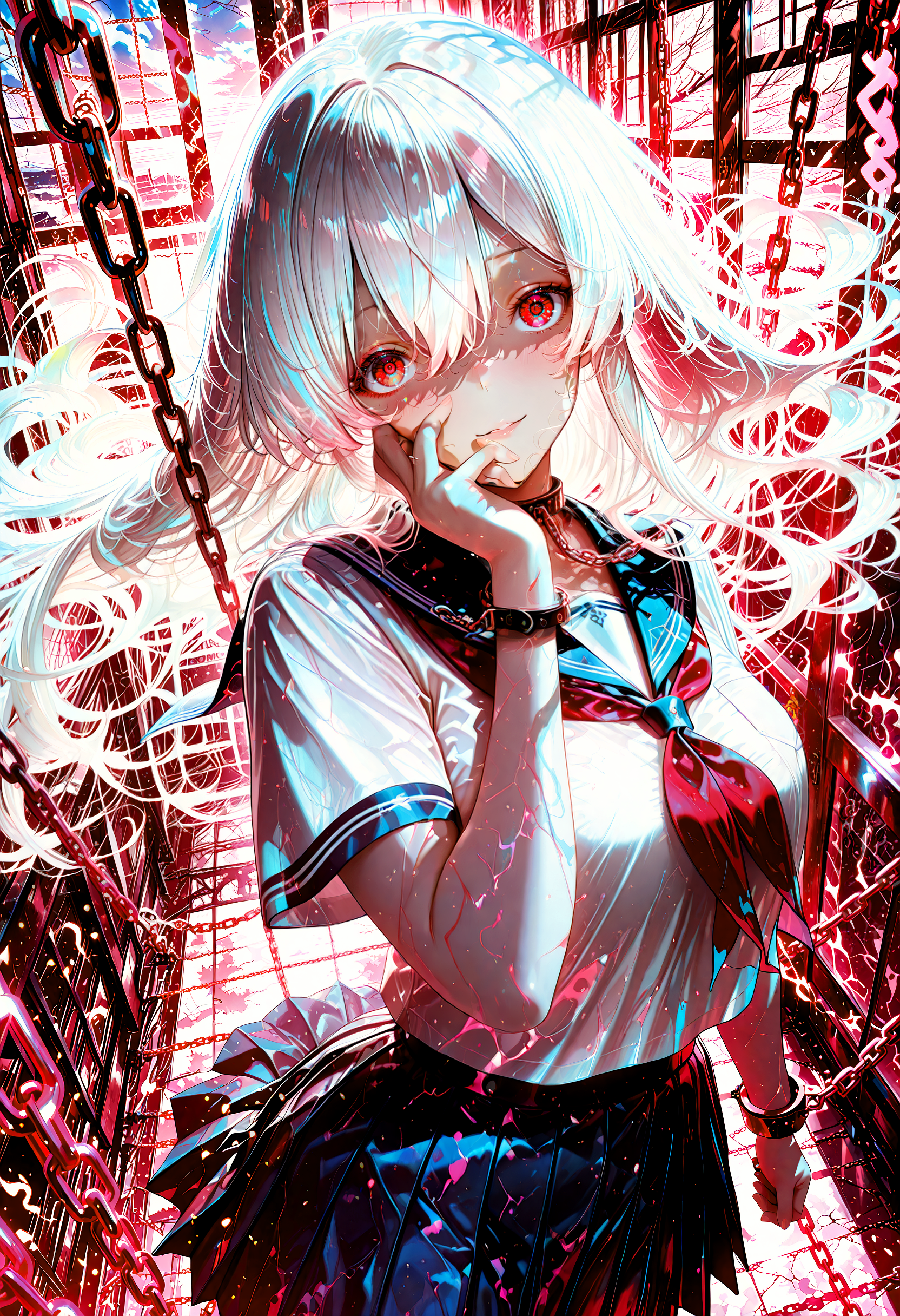 1girl, chained,solo, long hair, skirt, red eyes, school uniform, looking at viewer, serafuku, neckerchief, shirt, pleated skirt, floating hair, sailor collar, white hair, red neckerchief, hair between eyes, bangs, white shirt, soft glow, anime lineart, serene expression, scenery, dynamic angle, arm towards viewer, yandere trance, insane eyes, 
 nyonku, detailed background, detailed foreground,detailed clothing, vibrant colors, detailed hair,masterpiece, best quality,detailed eyes, detailed skin,skin folds,light particles, bokeh,volumetric lighting, dramatic lighting,cinematic,dark,shadow, shallow depth of field, natural light,cinematic shading