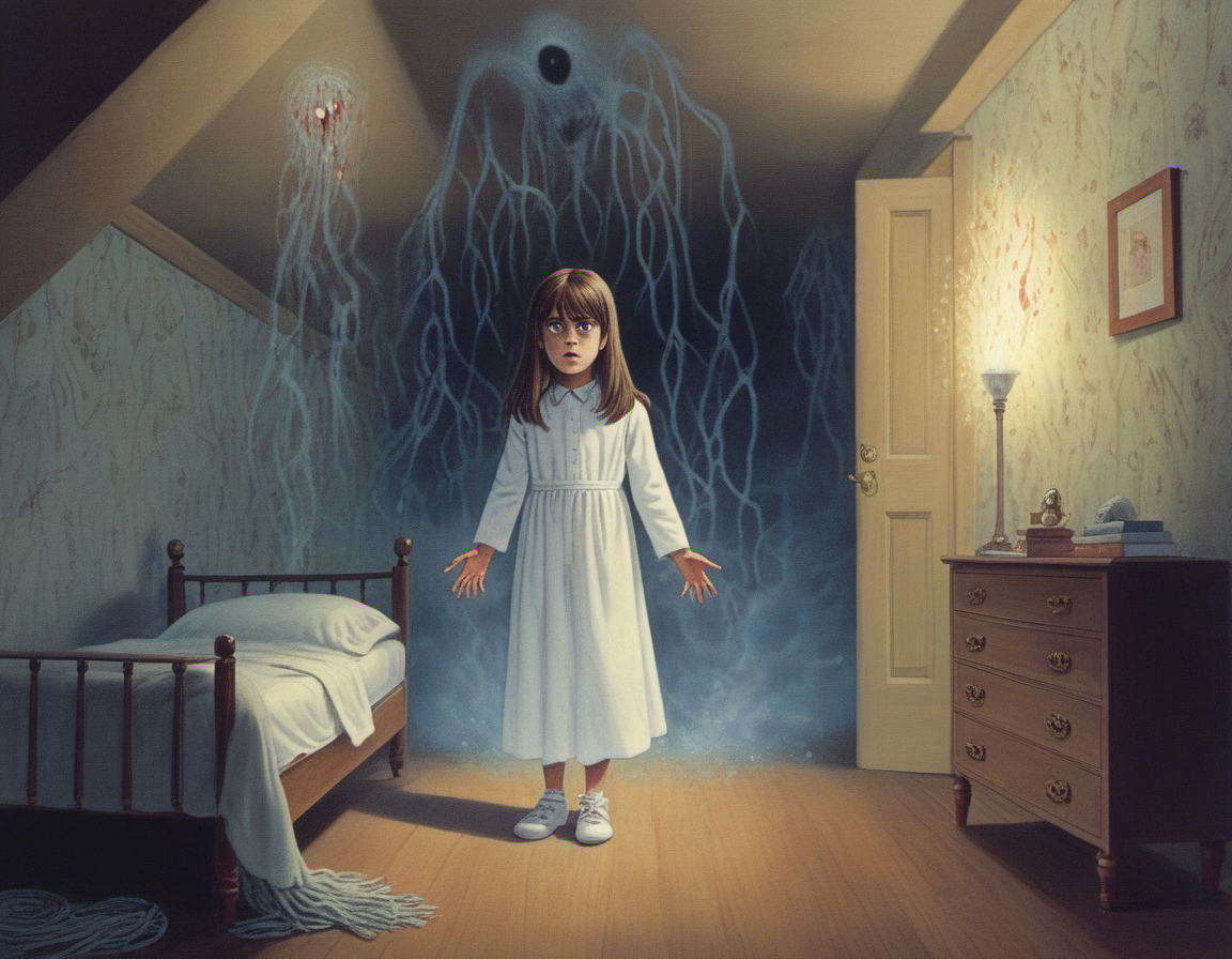 The Exorcist - A young girl is possessed by a demonic entity., detailed, particles, sub surface scattering, sharp focus <lora:OldillXL_0.4_RC:0.5>