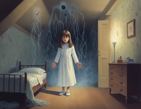 The Exorcist - A young girl is possessed by a demonic entity., detailed, particles, sub surface scattering, sharp focus <lora:OldillXL_0.4_RC:0.5>