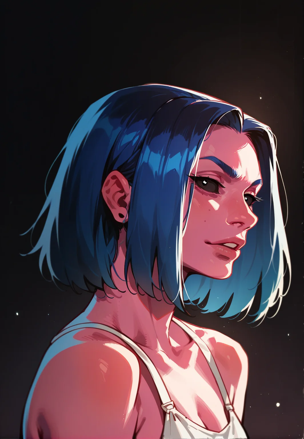 <lora:Joi2049:0.7> joi2049, 1girl, black eyes, black sclera, portrait, pink skin, dark background, neon, blue hair<lora:sinfully_stylish_PONY_0.2:0.5> dramatic lighting, score_9, score_8_up, score_7_up, score_6_up, 2d, digital art, masterpiece, <lora:sinfully_stylish_PONY_0.2:0.3> dramatic lighting <lora:incase-ilff-v3-4:0.3> <lora:Expressive_H:0.3> expressiveh <lora:g0th1cPXL:0.3> g0th1cpxl