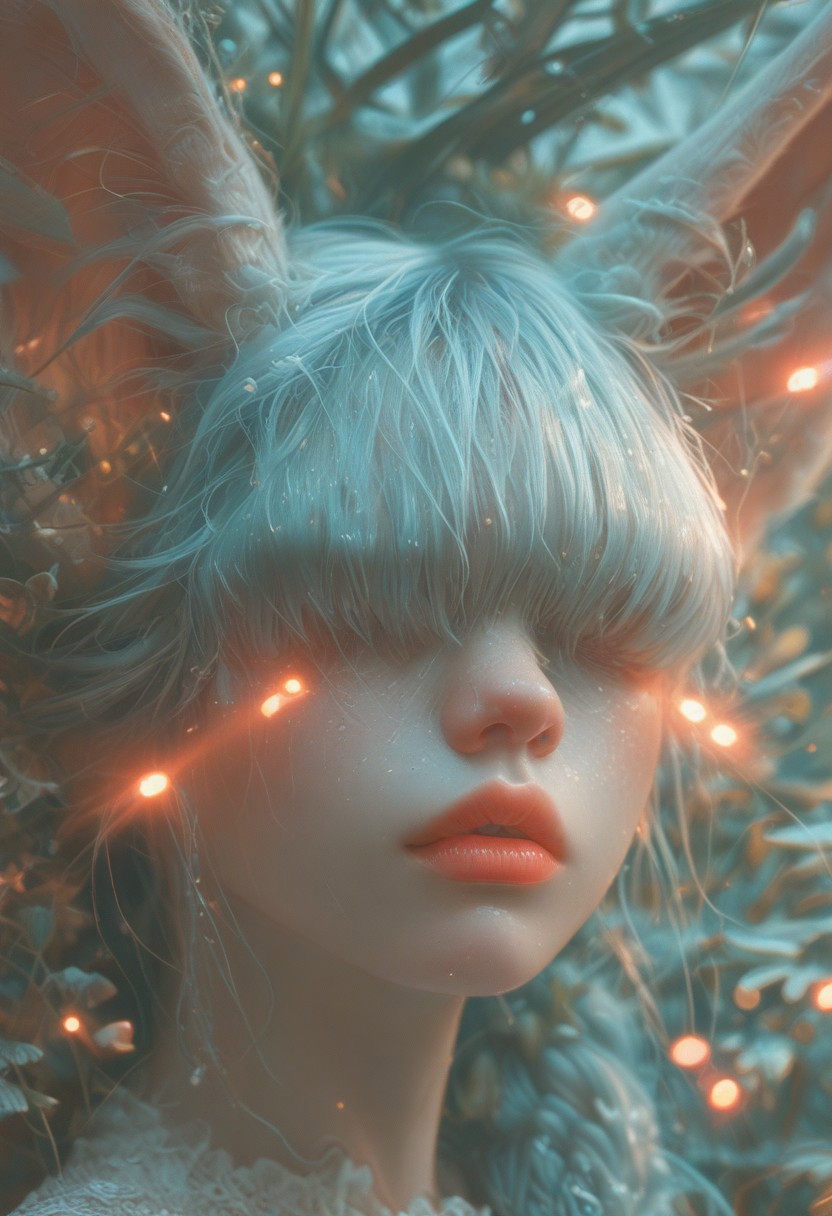 (Score_9:1.1), score_8_up, score_7_up,
(limited lighting, high contrast, laser beams, highres, closed_mouth:1.4, absurdres) 
Fl0ralD0lls 
solo, fennec ears, human woman, curious, (ferns:1.3), realistic, focus on face, hime cut, pacific blue hair, (hair over eyes:1.4),((hair in very long single braid)), big lips, full lips, glossy lips, matte skin, matte colours, focus face