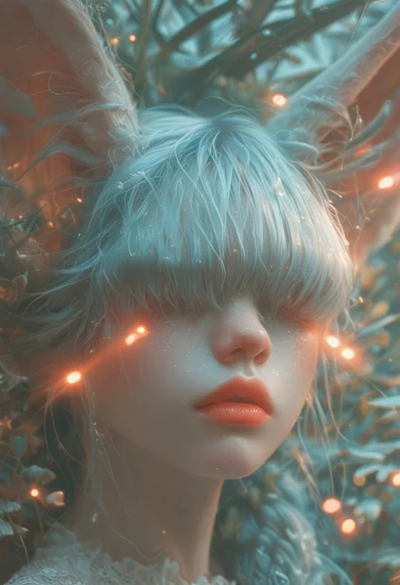 (Score_9:1.1), score_8_up, score_7_up,
(limited lighting, high contrast, laser beams, highres, closed_mouth:1.4, absurdres) 
Fl0ralD0lls 
solo, fennec ears, human woman, curious, (ferns:1.3), realistic, focus on face, hime cut, pacific blue hair, (hair over eyes:1.4),((hair in very long single braid)), big lips, full lips, glossy lips, matte skin, matte colours, focus face