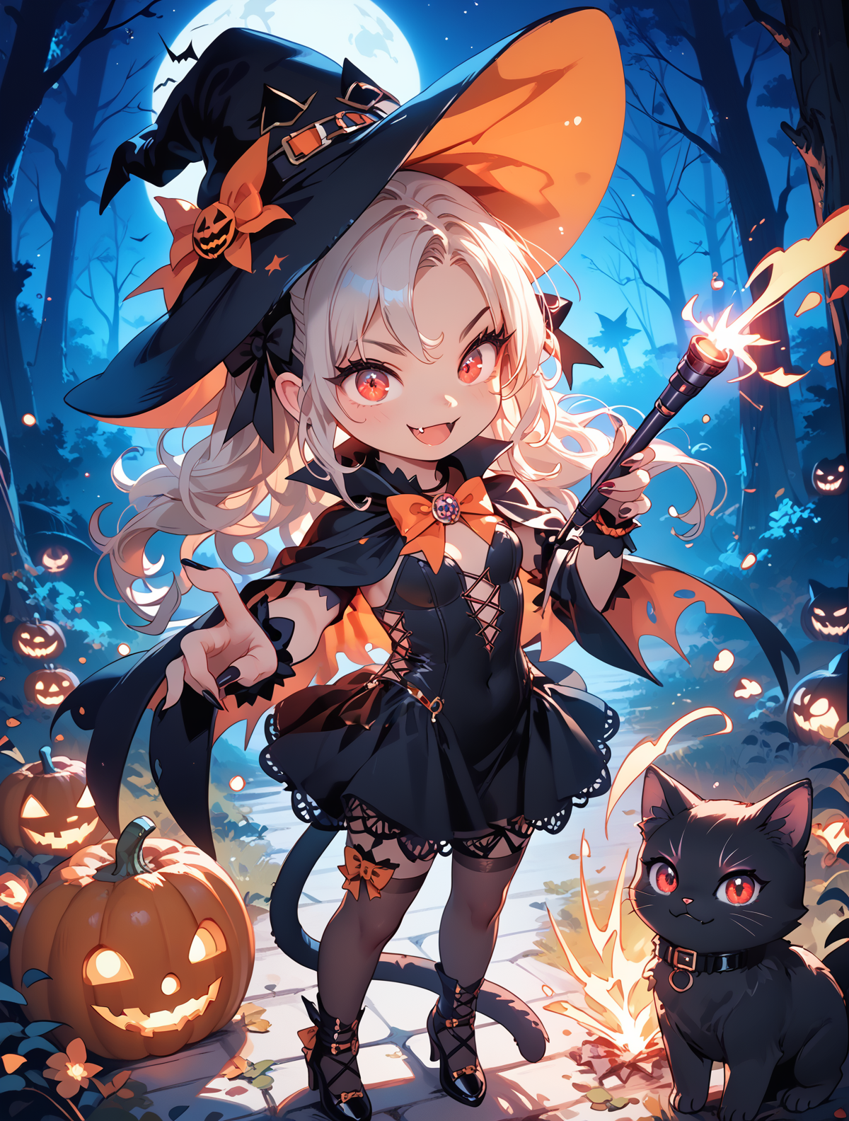 score_9, score_8_up, score_7_up, anime, 1girl, chibi, red eyes, long hair, witch costume, evil smile, fang, casting a spell, sparks, magic, evil, looking down from above, Halloween, night,  forest, black cat, cute <lora:EnvyPonyPrettyEyes01:0.75>  <lora:tori_kun:0.8>  flat color, no lineart