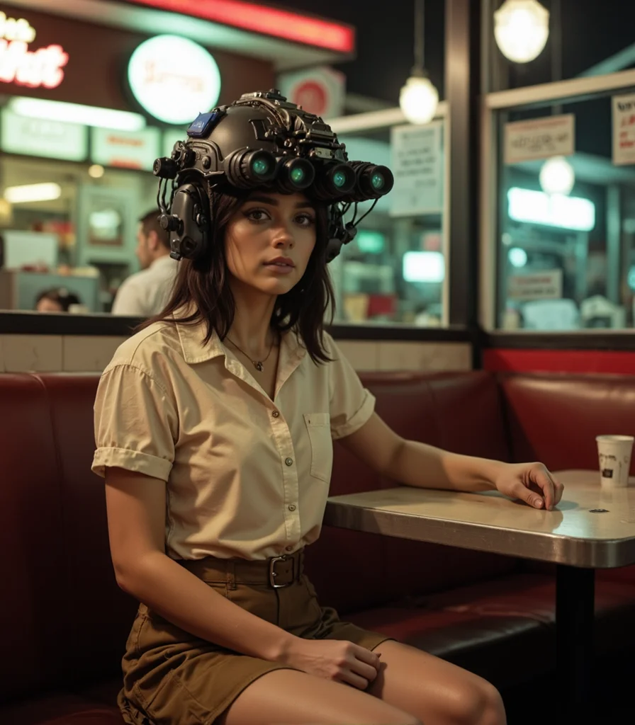 analog photograph of upper body shot of young woman wearing n0ds on their head, featuring a protective headpiece Attached to the front of the headpiece is a quad-tube panoramic optical device with four horizontally aligned cylindrical lenses, each glowing faintly green. Small wires and adjustment knobs are visible along the optical device, contributing to the structured and functional design with integrated hearing protection covering the ears and includes modular mounting points., wearing a-line skirt, tucked-in button-up blouse, sitting across the table at a pizza hut, dim lighting at night<lora:n0ds_epoch_23.safetensors:1.0:1.0>