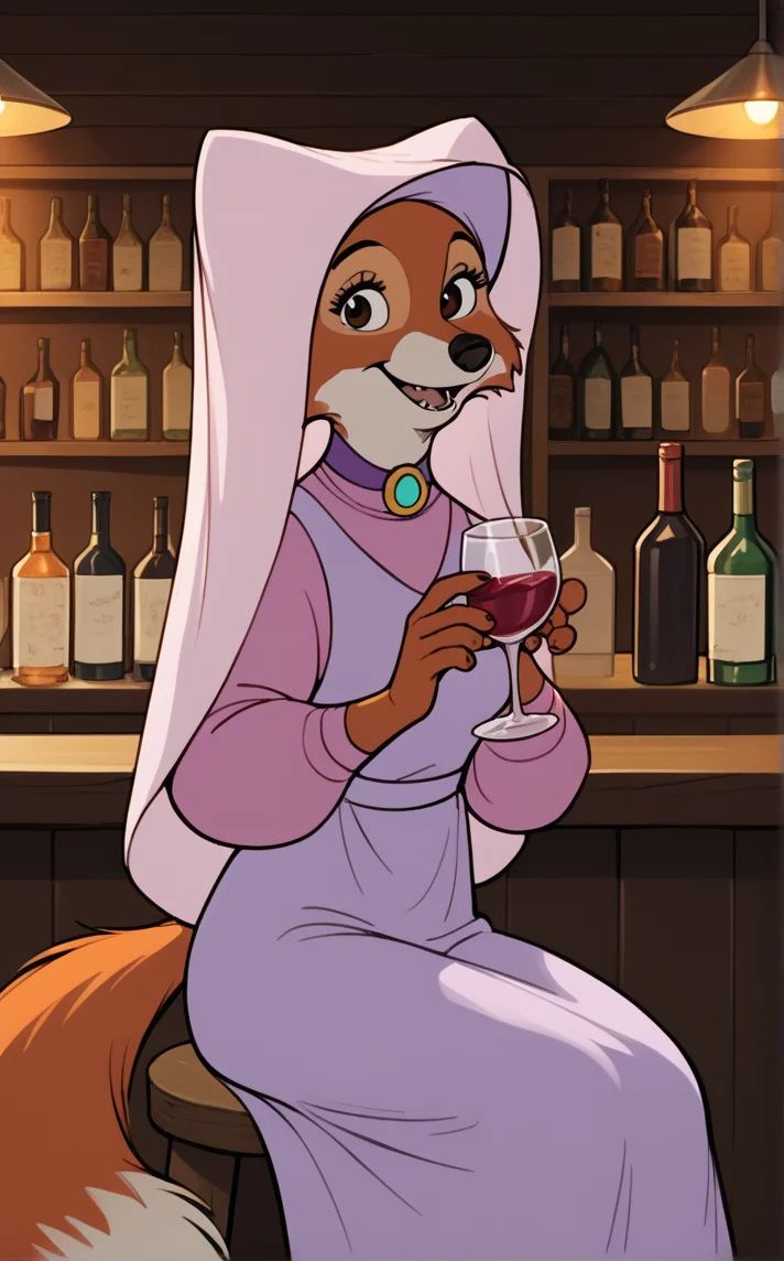 score_9, score_8_up, score_7_up, absurdres,looking at viewer, smiling, sitting, legs crossed, on stool, inside bar, counter, soft lighting, holding glass of red wine, loaded interior, alcohol, bar \place\, <lora:PONYXL_RobinHood_MaidMarian_ownwaifu:0.8> BREAK MainOutfit_MaidMarian_ownwaifu, 1girl, fox girl, animal nose, brown eyes, furry female, orange fur, habit, two-tone fur, white fur, body fur, snout, purple dress, veil, brooch, purple shirt, jewelry, puffy sleeves, hood up, long sleeves, puffy long sleeves, long dress, fangs, pinafore dress, gem, fox tail, blue gemstone, pink headwear, purple collar, tail, hooded cloak, breasts, turtleneck, medium breasts, <lora:add-detail-xl:0.15>,