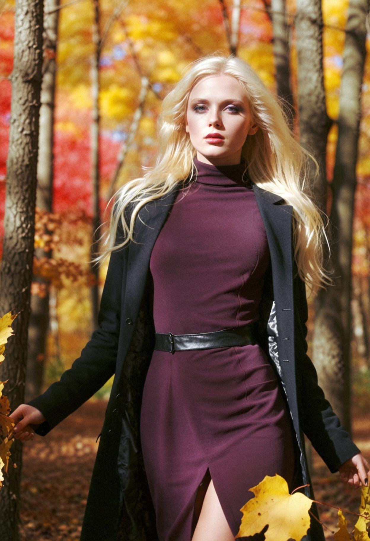 Breathtaking analog photography of a Russian model. She wears edgy makeup that contrasts sharply with her pale skin, with intensely black eyeshadow accentuating her piercing blue eyes and long lashes. Her long blonde hair, revealing dark roots, flows dramatically in the wind on a sunny autumn day in a serene forest clearing. The trees around her display vibrant red and orange hues, with sunlight filtering through the leaves like stained glass, casting a warm glow. She is clad in a long, glossy black coat over a fitted, deep burgundy turtleneck dress, complemented by sleek black ankle boots. Her confident pose and captivating expression exude strength and allure, harmonizing beautifully with the enchanting natural backdrop.  Highly detailed, film grain   <lora:dmd2_sdxl_4step_lora> <lora:xl_EuroBabeXL-v4>