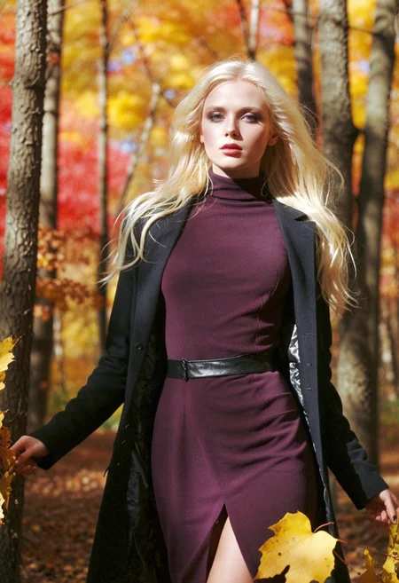Breathtaking analog photography of a Russian model. She wears edgy makeup that contrasts sharply with her pale skin, with intensely black eyeshadow accentuating her piercing blue eyes and long lashes. Her long blonde hair, revealing dark roots, flows dramatically in the wind on a sunny autumn day in a serene forest clearing. The trees around her display vibrant red and orange hues, with sunlight filtering through the leaves like stained glass, casting a warm glow. She is clad in a long, glossy black coat over a fitted, deep burgundy turtleneck dress, complemented by sleek black ankle boots. Her confident pose and captivating expression exude strength and allure, harmonizing beautifully with the enchanting natural backdrop.  Highly detailed, film grain   <lora:dmd2_sdxl_4step_lora> <lora:xl_EuroBabeXL-v4>