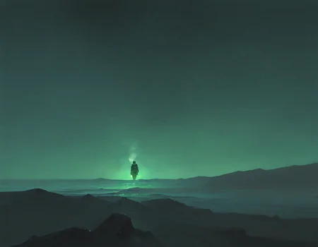 faux traditional media, watercolor \(medium\), painterly, atmospheric perspective,  1boy, diving suit, diving helmet, oxygen tank, power armor, underwater, darkness, horror \(theme\), glowing, walking, air bubble, green theme, black theme,     masterpiece, best quality, very aesthetic, absurdres