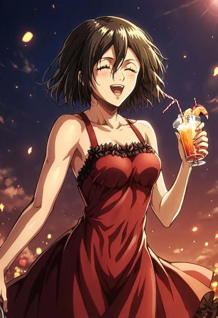 1girl, solo, Mikasa Ackermann, attack on titan, at a party, beautiful face, detailed eyes, detailed face, anime eyes, red night dress, holding a drink, laughing, closed eyes