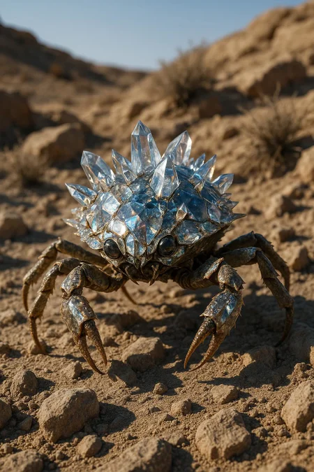 ;;; Desert Crystal Scavenger - Concept Art Spec
(define crystalline-arthropod
  '((camera
     (body sony-a7r-v)
     (lens sony-90mm-macro)
     (settings
      (iso 100)
      (aperture f/11)
      (shutter 1/250))
     (style hyper-detailed-realism))
    
    (creature
     (type desert-scavenger-crab)
     (size 0.5-meters-wide)
     (body
      (shape oval-arthropod)
      (covering crystalline-plates)
      (effect light-scattering-dazzle)
      (reflectivity highly-mirror-like))
     (legs
      (pairs four-symmetrical)
      (type slender-segmented)
      (tips hooked-climbing-tools))
     (eyes
      (structure multifaceted-compound)
      (quality glimmering-reflected)))
    
    (action
     (movement darting-fast)
     (terrain rocky-navigation)
     (behavior alert-scavenging))
    
    (environment
     (setting desert-rocky-terrain)
     (lighting harsh-sunlit-direct)
     (elements
      (rocks sun-bleached)
      (shrubs dry-scattered)
      (shadows stark-contrast)))
    
    (rendering
     (style alien-concept-art)
     (detail hyper-realistic)
     (contrast strong-light-shadow)
     (focus creature-centered))
    
    (mood
     (aesthetic alien-naturalistic)
     (energy quick-survival)
     (style documentary-xenobiology))))