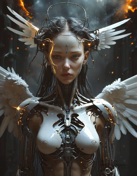 biomechanical cyberpunk A photorealistic portrait of a merciless archangel, their face a vision of divine beauty and unwavering resolve. Their eyes, windows to a soul hardened by countless battles, burn with an intensity that pierces through the veil of reality. Their expression is a symphony of conflicting emotions: righteous fury, unwavering determination, and a hint of sorrow for the fallen. Their wings, a majestic expanse of shimmering feathers, are spread wide, casting a shadow of divine judgment upon the world. The background is a maelstrom of celestial energy, swirling with nebulae, stars, and distant galaxies, creating a sense of infinite power and cosmic scale. The lighting is dramatic, highlighting the archangel's sculpted features and the intricate details of their flowing hair and wings. The overall effect is one of awe and reverence, <lora:MJ52.safetensors:0.60> . cybernetics, human-machine fusion, dystopian, organic meets artificial, dark, intricate, highly detailed
