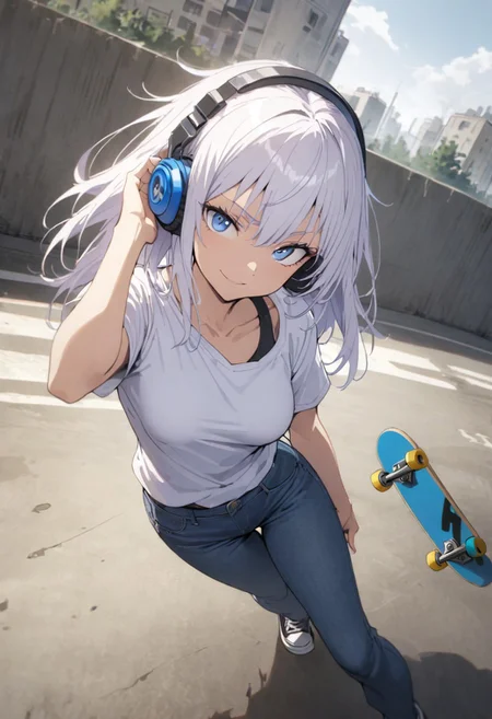 score_9, score_8_up, score_7_up, score_6_up, masterpiece, best quality, absurdres, cinematic, dynamic angle, perfect composition, solo, 1girl, medium breast, gojo satoru, blue eyes, white hair, long hair, headphones, jeans and t-shirt, skateboard, urban background, smirk, standing, looking at viewer,
