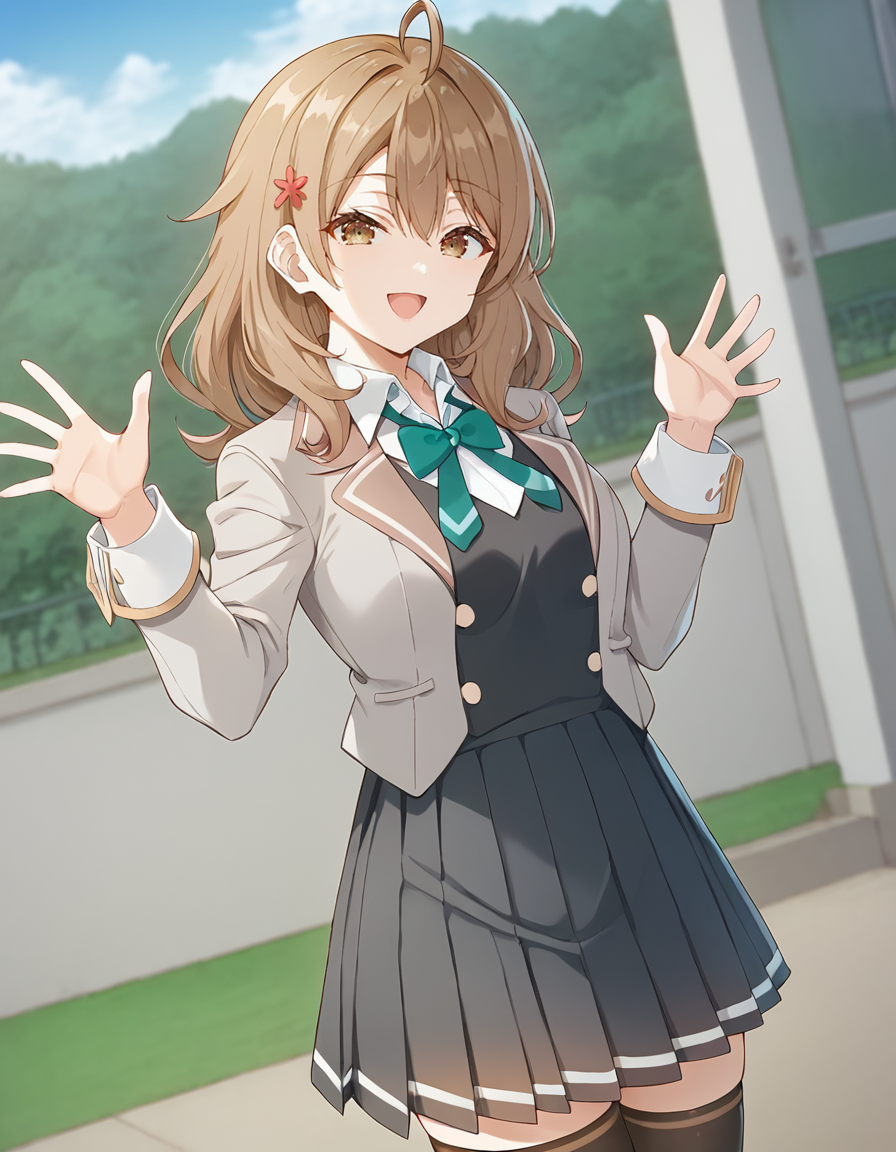 score_9, score_8_up, score_7_up, source_anime, BREAK
1girl, solo, blurry background, looking at viewer, dutch angle, waving, light smile, open mouth, outdoors, blue sky, 
maria mikhailovna kujou, medium hair, brown hair, ahoge, hair between eyes, hair ornament, brown eyes, 
school uniform, grey jacket, open jacket, long sleeves, green bowtie, white shirt, collared shirt, black vest, buttons, pleated skirt, black thighhighs, 
<lora:maria_mikhailovna_kujou_anime-soralz:1>
