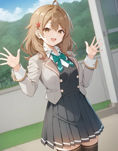 score_9, score_8_up, score_7_up, source_anime, BREAK
1girl, solo, blurry background, looking at viewer, dutch angle, waving, light smile, open mouth, outdoors, blue sky,
maria mikhailovna kujou, medium hair, brown hair, ahoge, hair between eyes, hair ornament, brown eyes,
school uniform, grey jacket, open jacket, long sleeves, green bowtie, white shirt, collared shirt, black vest, buttons, pleated skirt, black thighhighs,
<lora:maria_mikhailovna_kujou_anime-soralz:1>