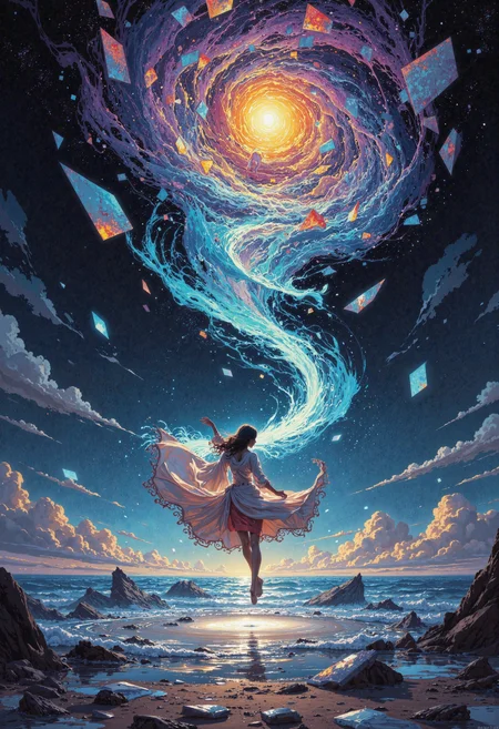 masterpiece, high-quality, A celestial dancer hovers mid-motion above a vast, glowing sea of liquid silver, her flowing robes trailing iridescent patterns that ripple outward like waves. The camera tilts slightly upward, capturing her elegant pose against a surreal twilight sky filled with floating shards of shattered crystal. Each fragment reflects pieces of the swirling, multicolored vortex of energy that looms above her, casting dynamic patterns of light and shadow across the scene. The hyperdetailed composition blends grace and chaos, with an ethereal sense of fluidity and power., <lora:FLUX\FLUX-daubrez-DB4RZ:0.3> <lora:FLUX\Anime v1.3:0.5> <lora:FLUX\DarksunRiddV4:0.6>