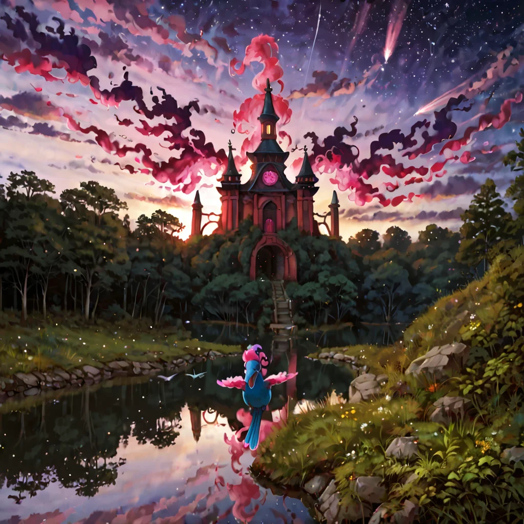 score_9, score_8_up, score_7_up, BREAK, pokemon (creature), galarian_moltres, bird, avian, blue eyes, flying over a temple in the swamp  and a river, sunrise, dark sky, stars, shooting star, cinematic, dynamic angle, realistic,sharp focus, photorealistic surrealist, fine details, ultra realistic, very detailed, 4k HDR highly detailed reflections, <lora:POKEMON_GALARIAN_MOLTRES:1>