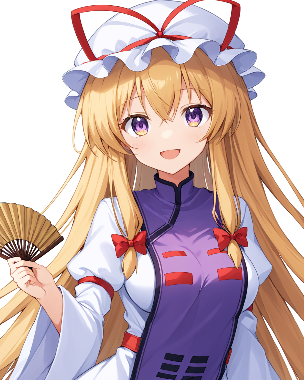 yakumo yukari,1girl, solo, mob_cap, white_background, simple_background, white_headwear, tabard, smile, hand_fan, white_dress, hat_ribbon, open_mouth, medium_breasts, looking_at_viewer, juliet_sleeves, wide_sleeves, upper_body, hand_up, red_ribbon, red_bow
<lora:yakumo_yukari_image6089_2023-12-20-000007:1>,star-shaped_pupils,symbol-shaped_pupils,. gorgeous,key visual, vibrant, studio anime,award-winning, professional, highly detailed,high budget, cinemascope