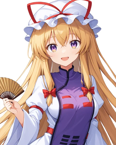 yakumo yukari,1girl, solo, mob_cap, white_background, simple_background, white_headwear, tabard, smile, hand_fan, white_dress, hat_ribbon, open_mouth, medium_breasts, looking_at_viewer, juliet_sleeves, wide_sleeves, upper_body, hand_up, red_ribbon, red_bow
<lora:yakumo_yukari_image6089_2023-12-20-000007:1>,star-shaped_pupils,symbol-shaped_pupils,. gorgeous,key visual, vibrant, studio anime,award-winning, professional, highly detailed,high budget, cinemascope