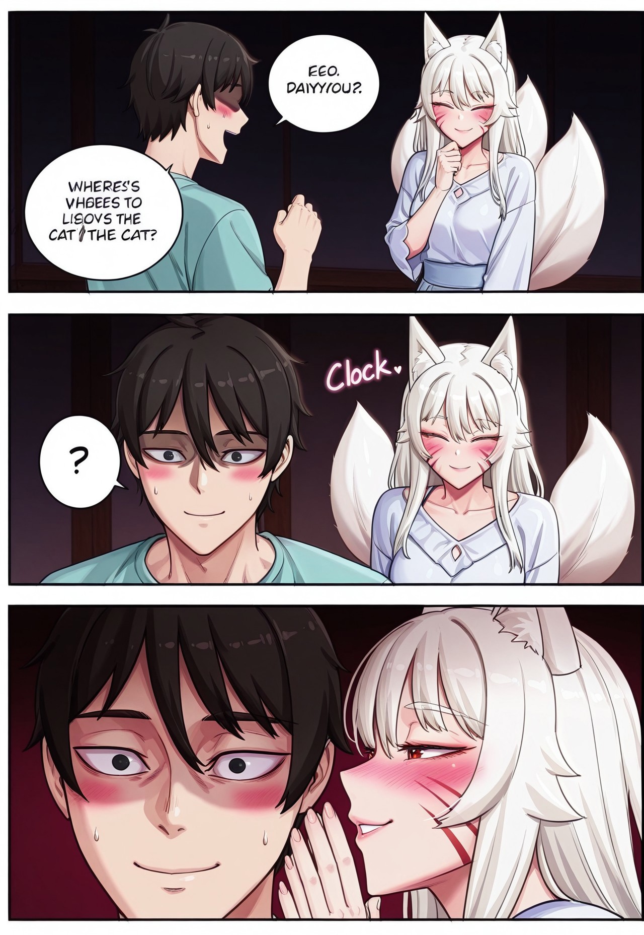 wheresthecat, mihoYokai, 1girl, fox girl, red eyes, white hair, long hair, fox ears, animal ear fluff, facial mark, whisker markings, blush, multiple tails, fox tail, white tail, comic, 3koma, english text, speech bubble, ?, blush, whispering, closed eyes, smile, looking at another, ^ ^, indoors, shaded face, partially shaded face, heart, 1boy, faceless male, black eyes, dark, dark background