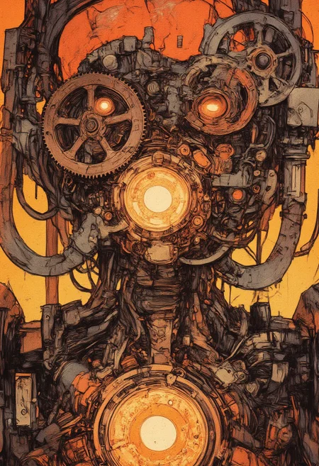 A highly detailed, ultra-detailed, masterpiece artwork, HD, 8K quality, featuring an orange-hued cyborg with a face constructed from intricate wheels, interlocking steampunk gears, and polished metal plates. The gears interconnect seamlessly, forming a symmetrical, mechanical visage with glowing amber eyes that radiate a faint, fiery light.
he cyborg's chest features a prominent, pulsating glowing core, emitting vibrant orange and golden hues, illuminating the surrounding mechanical elements with a soft, warm glow. Steam pipes extend from the shoulders, releasing faint trails of vapor, adding dynamic motion to the portrait.